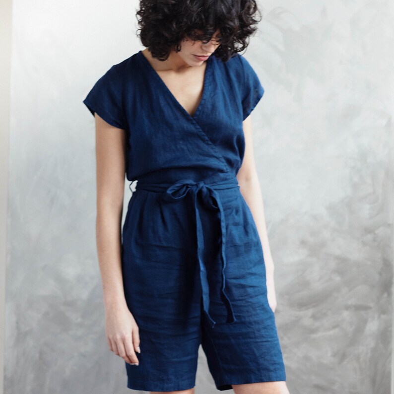 WRAP linen jumpsuit in short length / washed linen jumpsuit/ Etsy