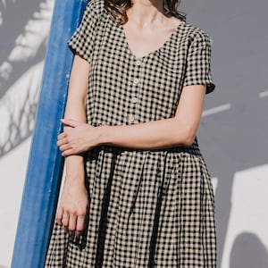 Linen Dress "VOLUME-3" Short Sleeve / midi dress / drop waist dress / casual dress