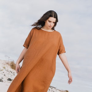 Linen summer dress RENNES-2 with DROP SHOULDER short sleeves / Oversized loose fitting