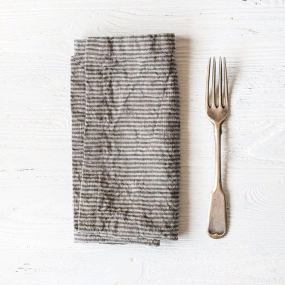 Linen Napkins Set of 6 / Washed Handmade Linen Napkins in Stripes 