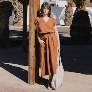 Linen dress REINE waisted / button up / elastic waistband / long linen dress