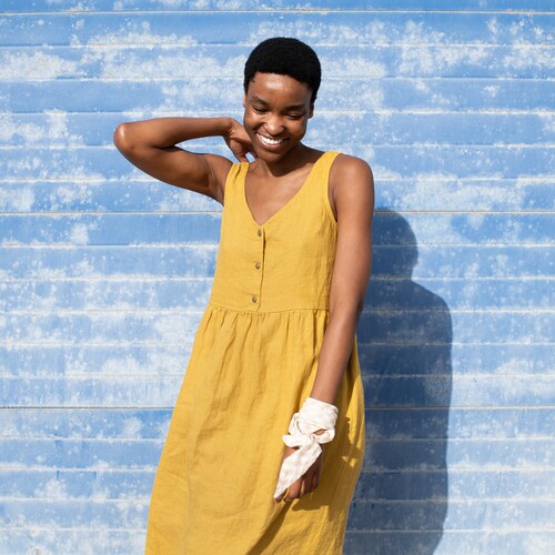 Sleeveless linen dress with front brass snaps VALLEY