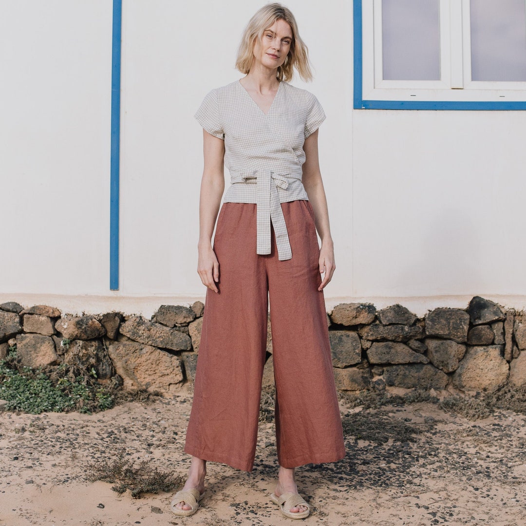 Stone Woven Linen Feel High Wide Leg Trousers