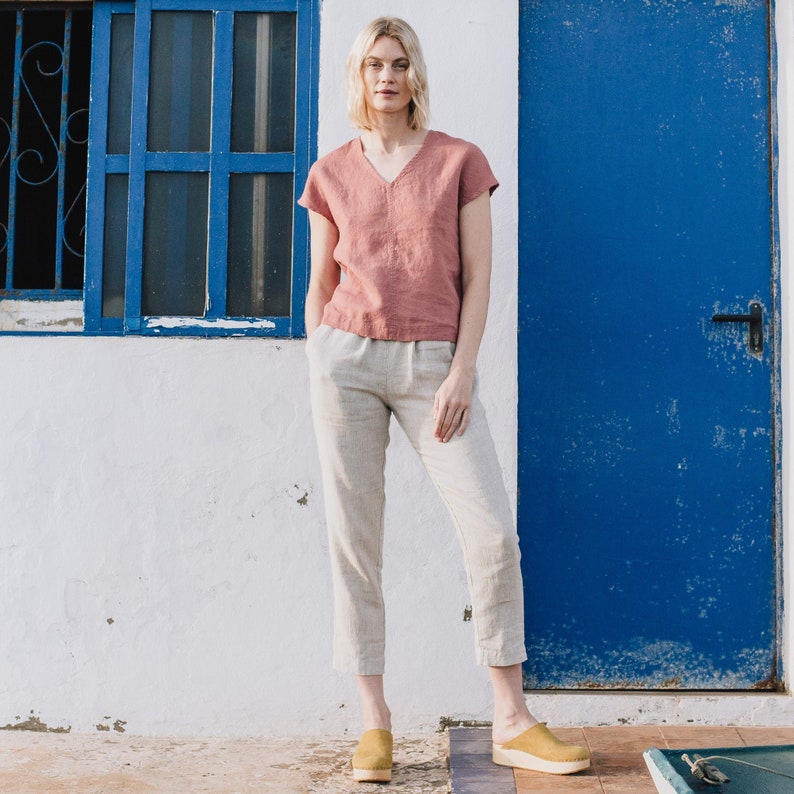 Boxy linen top MALTA / linen top / v neck / short sleeve linen top / linen blouse image 2