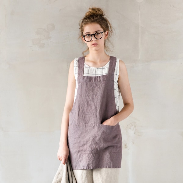 Linen Apron - Short/Square Cross / Japanese style apron / No Ties / cross back apron