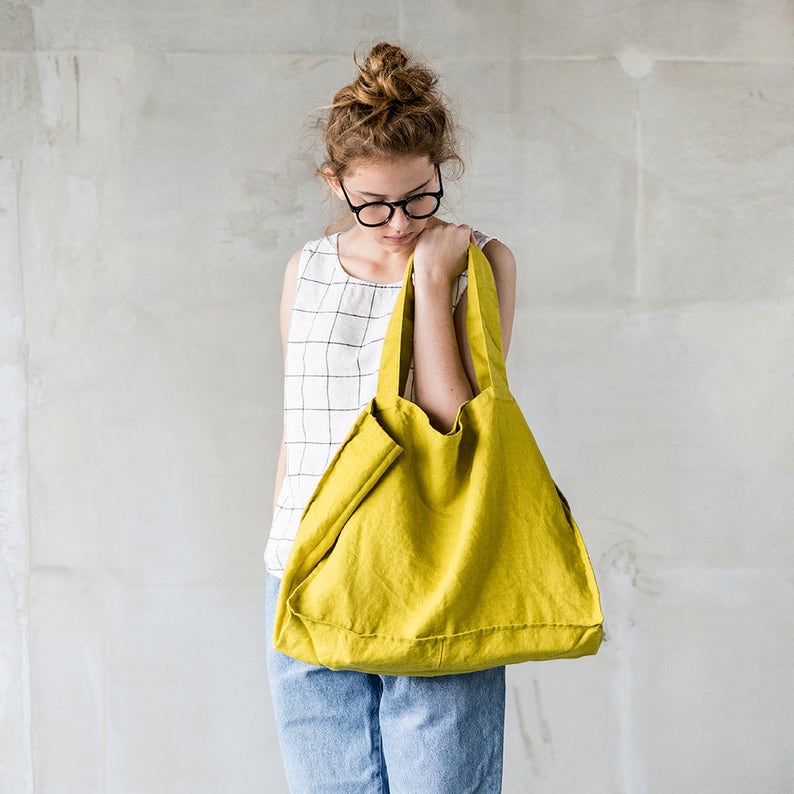 Linen Tote Bag in Greenish Mustard/ Linen Beach Bag / Linen Etsy