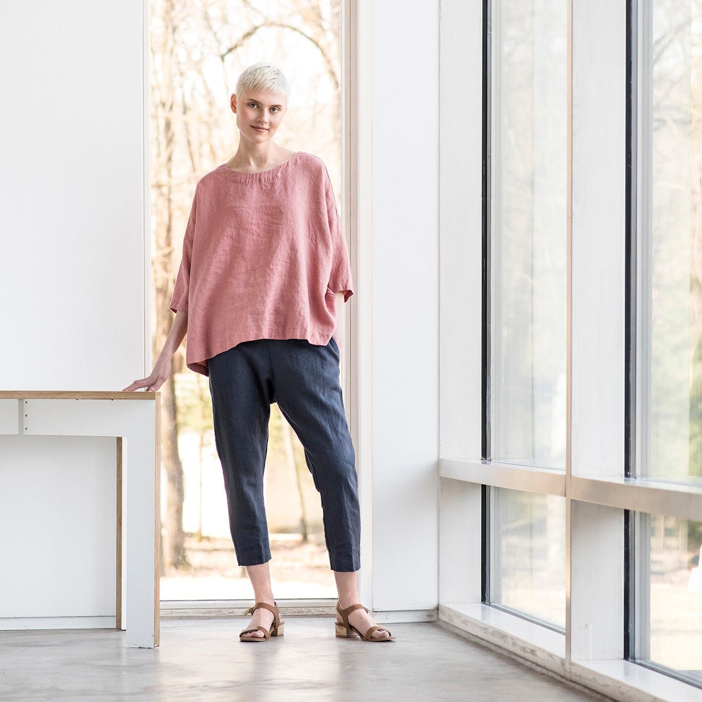 Oversized linen top OLD LONDON in round neck