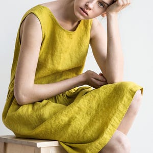 Smock linen dress in MIDI length / Loose linen sleeveless summer dress / Washed linen dress / linen dress