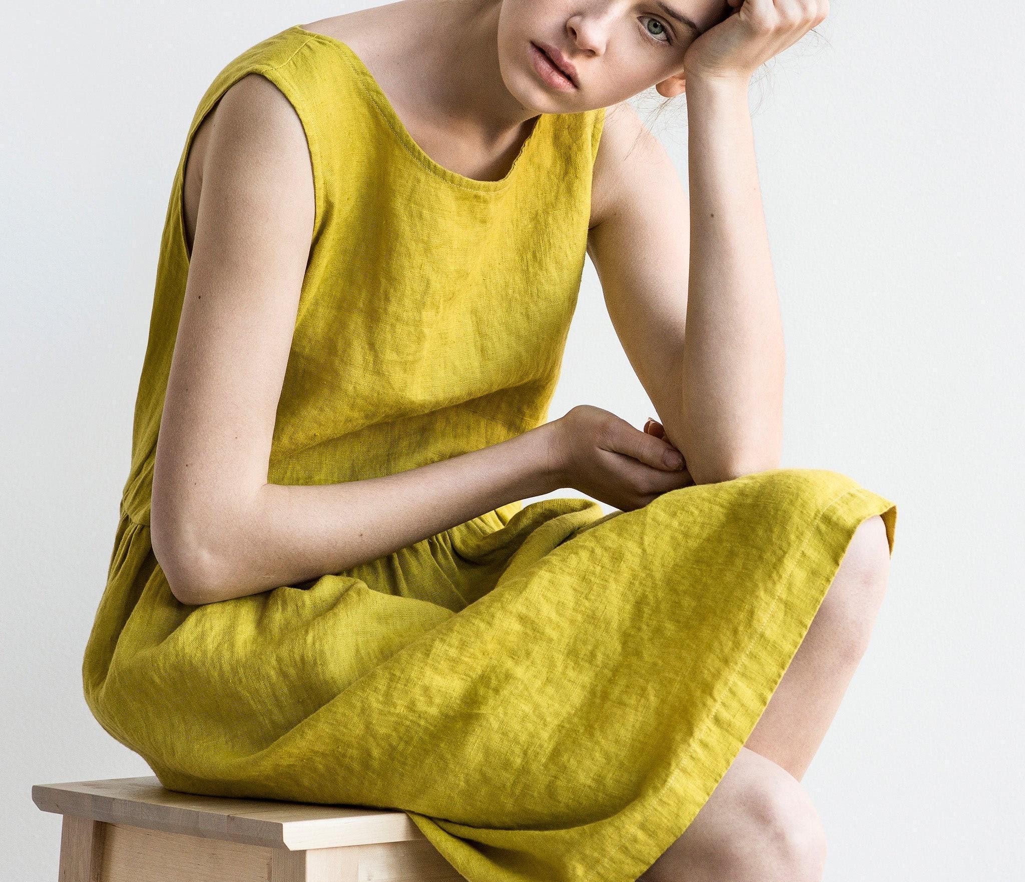 Smock Linen Dress in MIDI Length / Loose Linen Sleeveless Summer Dress /  Washed Linen Dress / Linen Dress - Etsy