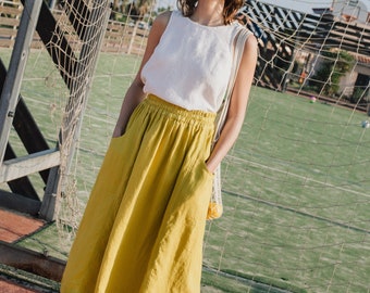 Linen skirt with pockets OIA / linen midi skirt / linen elastic waist skirt / linen skirt women