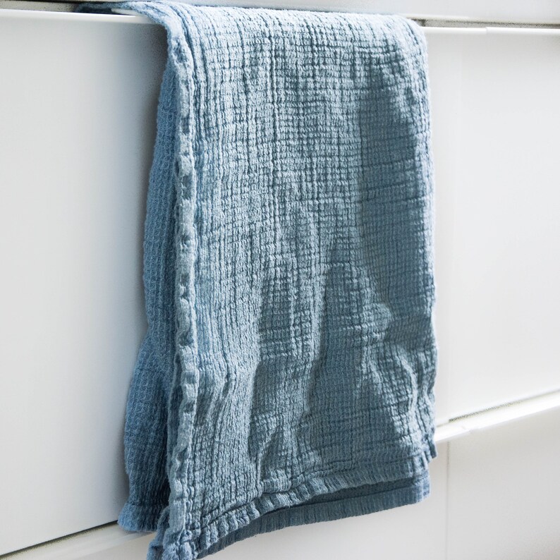 Large Linen Waffle Bath Towel / in Petrol Blue / READY TO SHIP Etsy