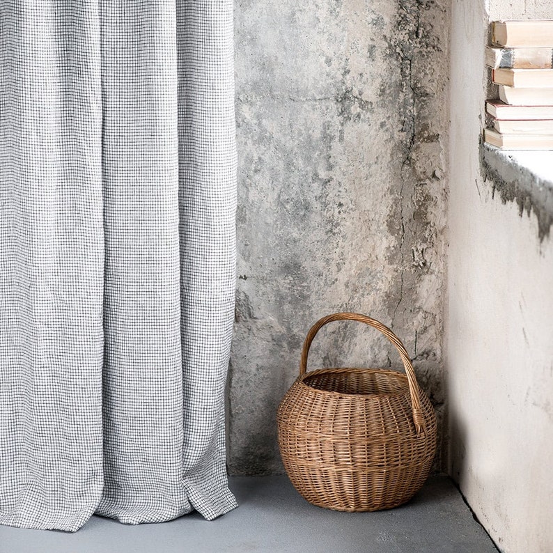 Linen curtain 1 panel in small checks / drapery panels / curtain panel 画像 2