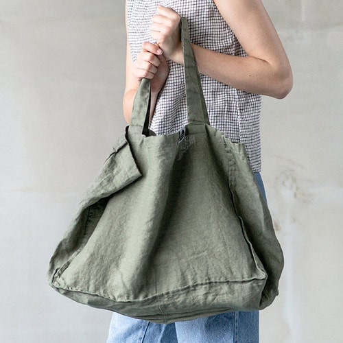 Linen Tote Bag in Forest Green / Linen Beach Bag / Linen Etsy
