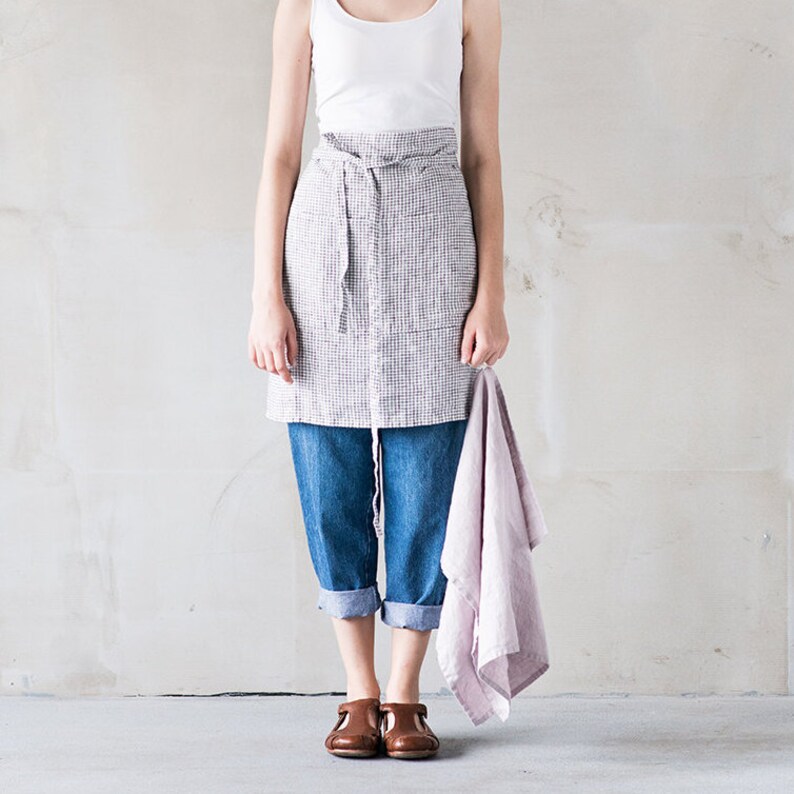 Linen half apron / Washed handmade midi linen apron in small Etsy