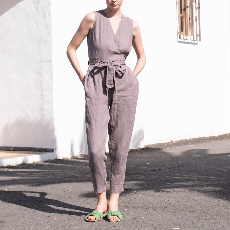 Linen jumpsuit MARGARET / sleeveless jumpsuit / linen jumpsuit women / wrap jumpsuit image 4