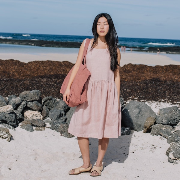 Smock linen dress in MIDI length / Loose linen sleeveless summer dress / Washed linen dress