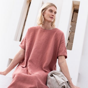 Linen dress RENNES-2 with DROP SHOULDER / short sleeves / Oversized / loose fitting image 1