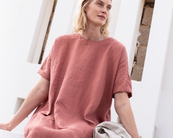 Linen dress RENNES-2 with DROP SHOULDER / short sleeves / Oversized / loose fitting