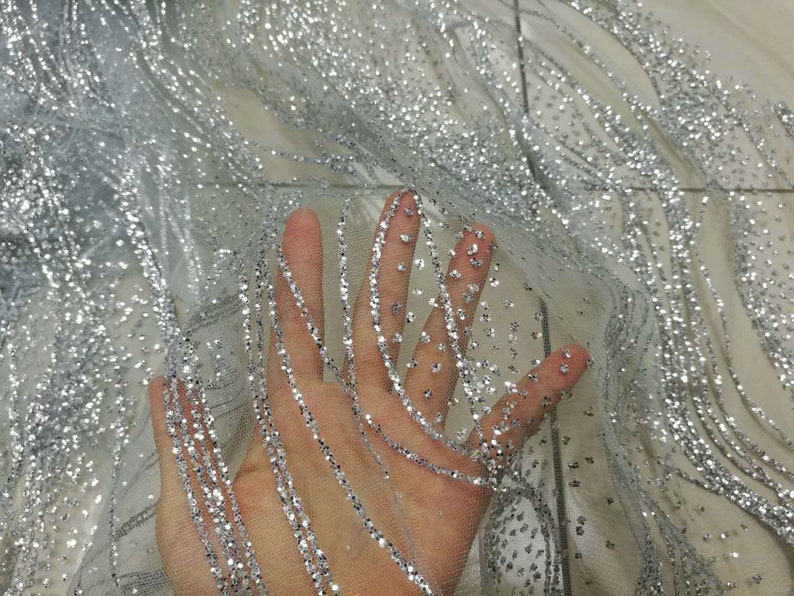 Delicate Bling Bling Glitter Sequins Iron-on Hotfix Wedding Dress Fishtail Dress Lace Mesh Fabric 57WideYard A