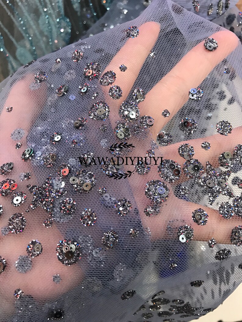 Delicate Bling Bling Glitter Sequins Iron-on Hotfix Wedding Dress Fishtail Dress Lace Mesh Fabric 57WideYard R