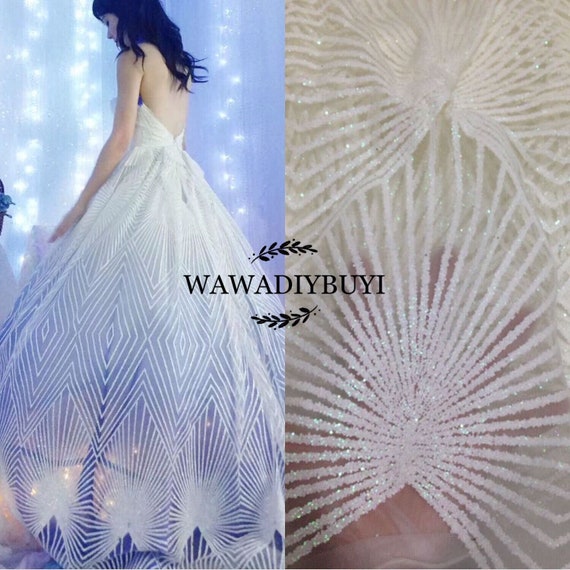 Delicate Bling Bling Glitter Sequins Iron-on Hotfix Wedding Dress Fishtail Dress Lace Mesh Fabric 57WideYard R