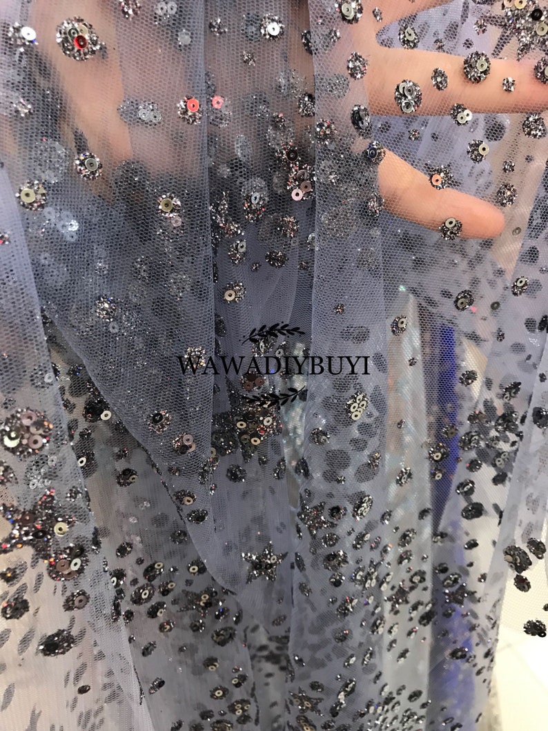 Delicate Bling Bling Glitter Sequins Iron-on Hotfix Wedding Dress Fishtail Dress Lace Mesh Fabric 57WideYard R
