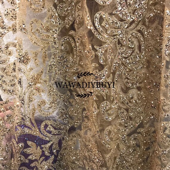 Delicate Bling Bling Glitter Sequins Iron-on Hotfix Wedding Dress Fishtail Dress Lace Mesh Fabric 57WideYard R