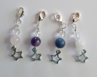 Silver Colored Charm  'Starseed' with Star and Rose Quartz, Moonstone, Lapis Lazuli or Amethyst