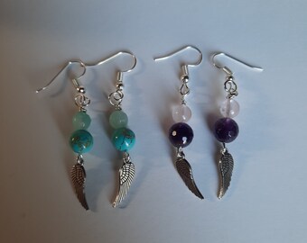 Crystal Earrings with Angel Wings and Amazonite/Magnesite or Rose Quartz/Amethyst