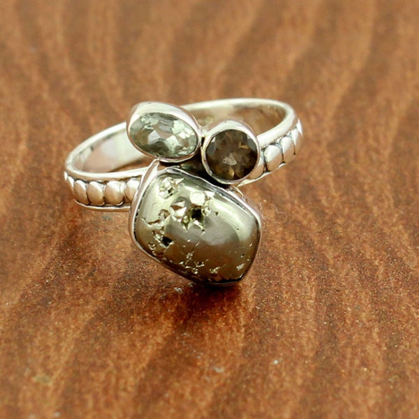 Golden Russion Pyrite, Smoky Quartz, Green Amethyst Gemstone 925 Sterling Silver Ring Size 7 - Solitaire Golden Color Gemstone Ring Size 7"