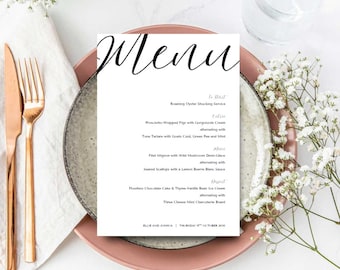 Menú de boda minimalista con guion: blanco y negro, editable, tamaño A5 (descarga digital)