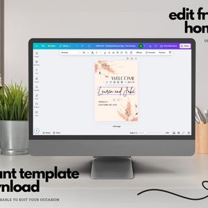 Puede incluir: Una pantalla de ordenador que muestra una plantilla de cartel de bienvenida en Canva. El cartel presenta un dise&ntilde;o floral rosa y blanco con el texto "Bienvenido a nuestra boda" y "Lauren y Jake". El texto "editar desde casa. USAR CANVA" se muestra encima de la pantalla del ordenador.