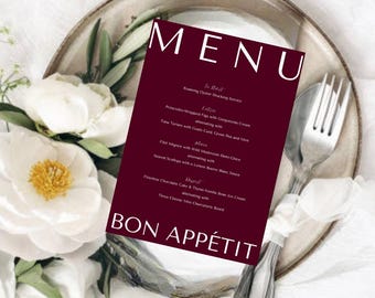Plantilla de menú para restaurante Borgoña: A5 imprimible (Canva Edit, descarga instantánea)