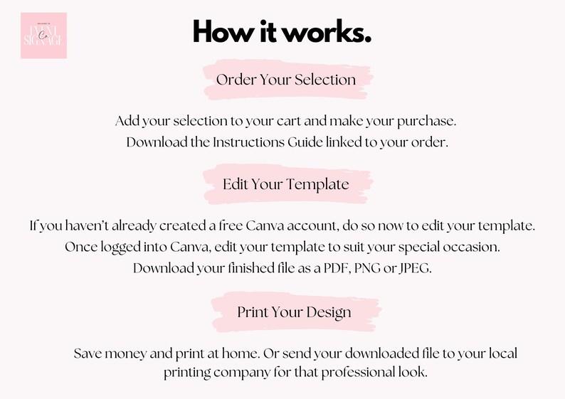 Puede incluir: C&oacute;mo funciona: Pide tu selecci&oacute;n, edita tu plantilla en Canva e imprime tu dise&ntilde;o en casa o env&iacute;alo a una imprenta.