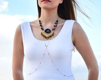 Statement necklace, gold gemstone necklace, gold body chain, agate necklace, black and white, crystal necklace, unique gemstone necklace