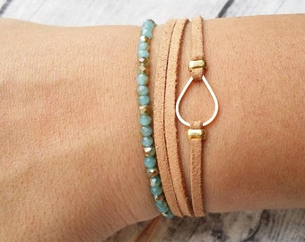 Wrap bracelet, Friendship bracelet set, Beaded bracelet, Suede bracelet, Teardop bracelet, Charm bracelet, Set of bracelets, Gold bracelet