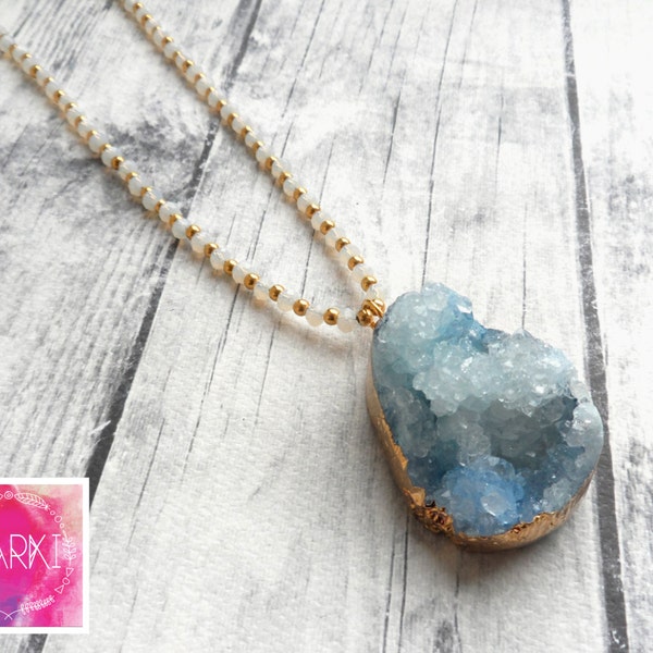 Gemstone necklace, agate necklace, druzy necklace, summer necklace, bohemian necklace, rosary, raw geode, 18K gold plated, for her, gift