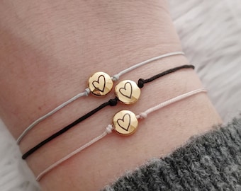 Tiny Heart Charm bracelet, Gold Heart bracelet, Wish Friendship string bracelet, Adjustable Cord Bracelet,Valentine's Romantic Jewelry Gifts