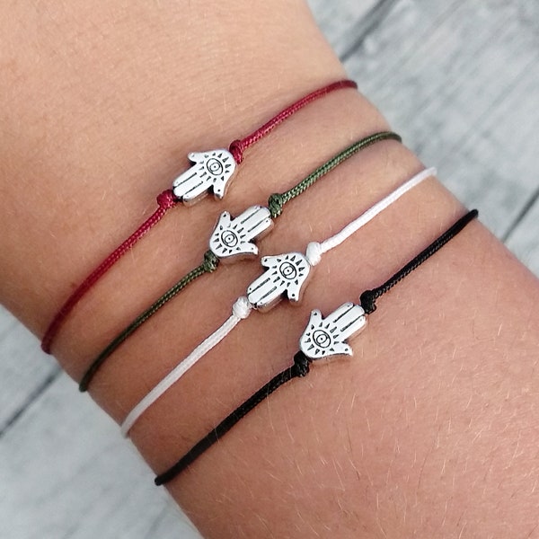 Silver Evil Eye Hamsa Friendship bracelet, Fatima Hand Bracelet, Hamsa Wish bracelet, Simple String Cord bracelet, Good luck bracelet, Gift