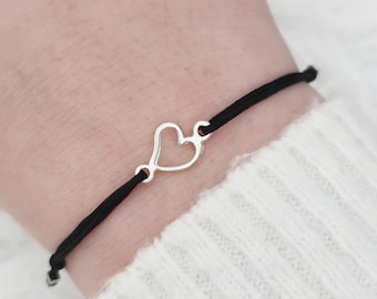 Open heart string bracelet, Sterling silver bracelet, Minimalist silver heart bracelet, Heart adjustable cord bracelet, Gift for girlfriend