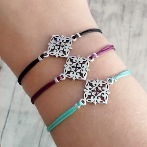 Cross Flower bracelet, Silver friendship bracelet, String cord bracelet, Adjustable string bracelet, Party favor, Birthday gift,Gift for her