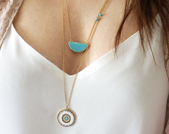 Boho Gemstone necklace, Turquoise necklace, Jewelry set, Layering necklace, Evil eye necklace, Summer necklace, Enamel necklace, Women Gift