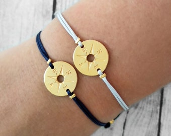 Gold Compass cord bracelet, Long distance bracelet, Friendship bracelet, Travel Moving away Gift, Compass Jewelry,Adjustable string bracelet
