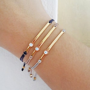 Gold Bar bracelet, Evil eye bracelet, Friendship bracelet, Adjustable cord bracelet, Lucky charm bracelet, Gift for her, Birthday gift image 1