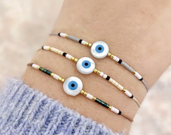 Shell Evil Eye bracelet, Miyuki beads bracelet, Evil eye jewelry, Macramé Bracelet, Evil eye string cord bracelet, Lucky Protection bracelet