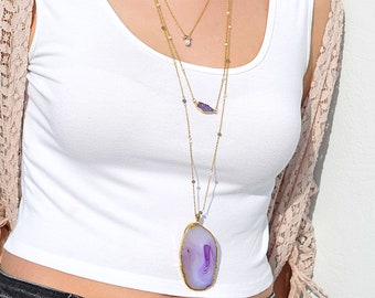Layering necklaces, Layered jewelry set, Agate Slice pendant necklace, Gemstone necklace, Pearl necklace, Druzy amethyst gold necklace, OOAK
