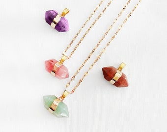 Bohemian Double Point Pendant necklace, Point Crystal necklace, Simple Gemstone Boho Necklace, Agate Sandstone Amethyst Rose Quartz necklace