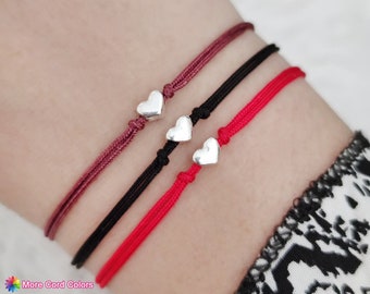 Pequeña pulsera de cordón de corazón de plata de ley 925, pulsera de deseo ajustable, pulsera de amistad del corazón, pulseras a juego, pulsera de corazón minimalista