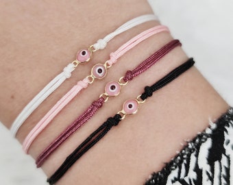 Tiny Pink Evil Eye bracelet-Gold 925 Sterling Silver Evil Eye bracelet-Evil Eye Friendship Cord bracelet-Evil eye protection lucky bracelet