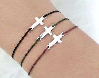 Bracelet Croix en argent sterling Dainty 925, bracelet Cross Cord String, bracelet Macramé, bracelet croix latérale, cadeau religieux chrétien
